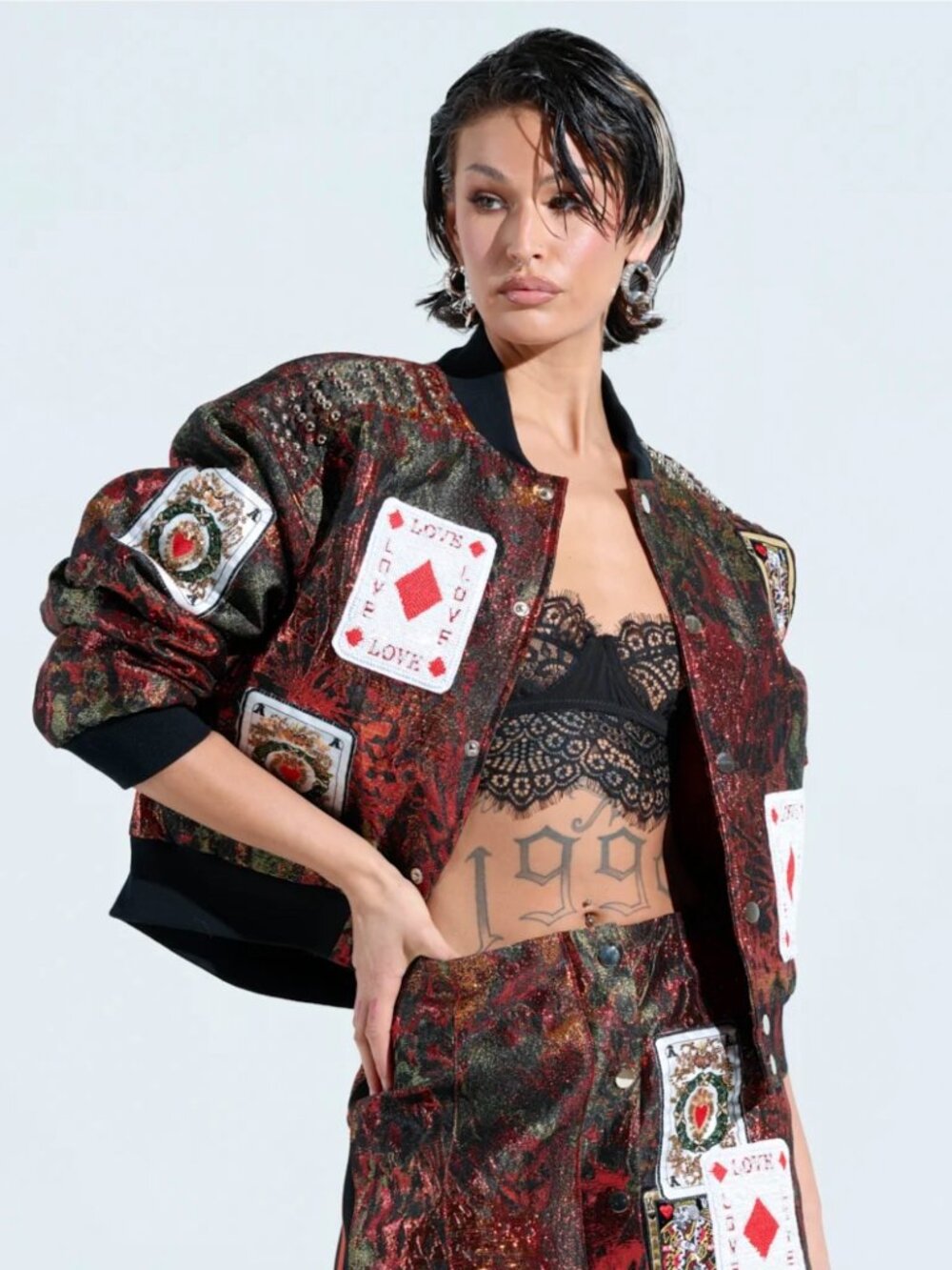 Akira Show Your Cards Metallic Beaded Embellished Brocade Bomber Jacket